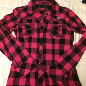 Pink and black flannel long sleeve fox shirt